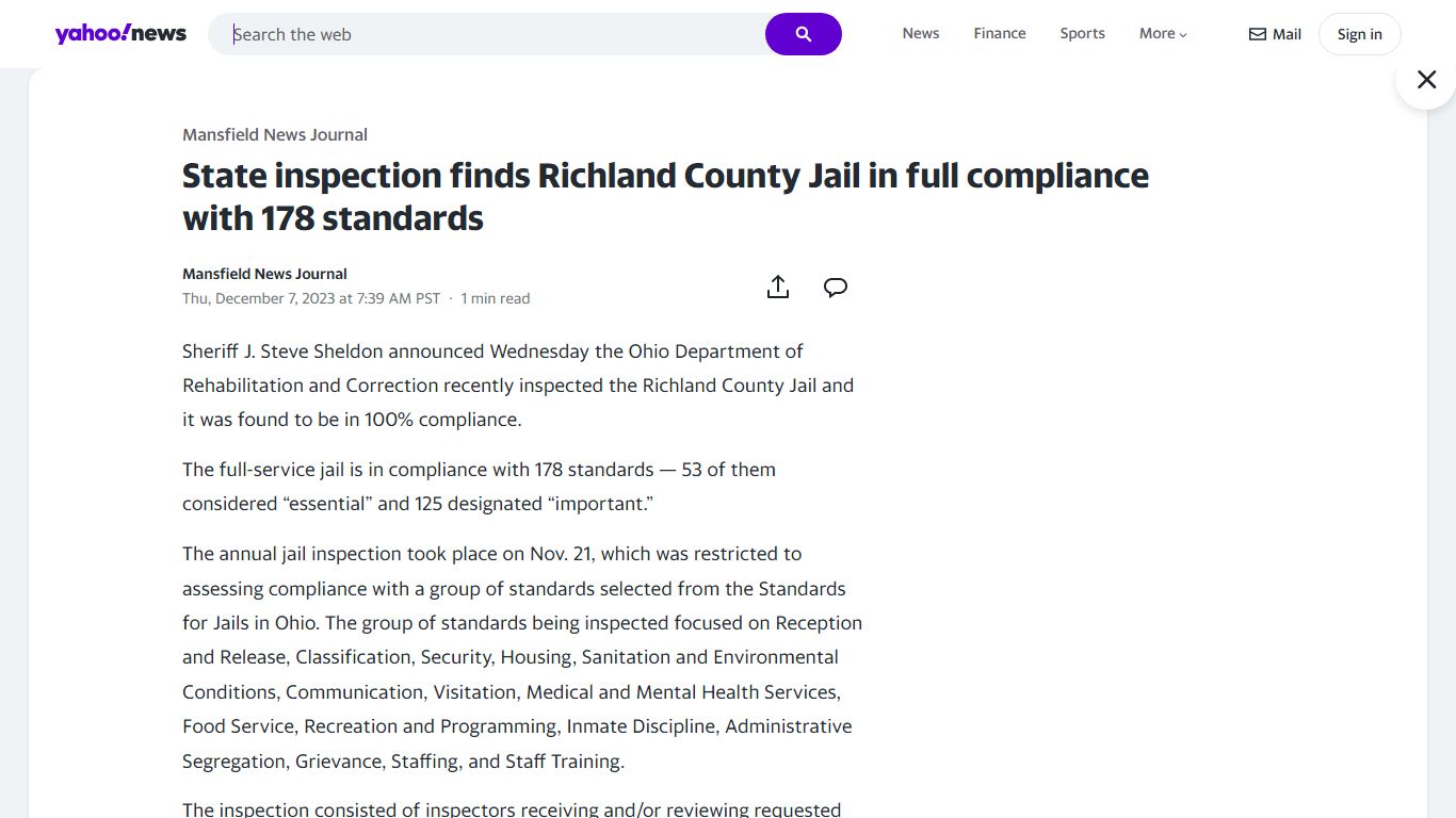 State inspection finds Richland County Jail in full compliance ... - Yahoo